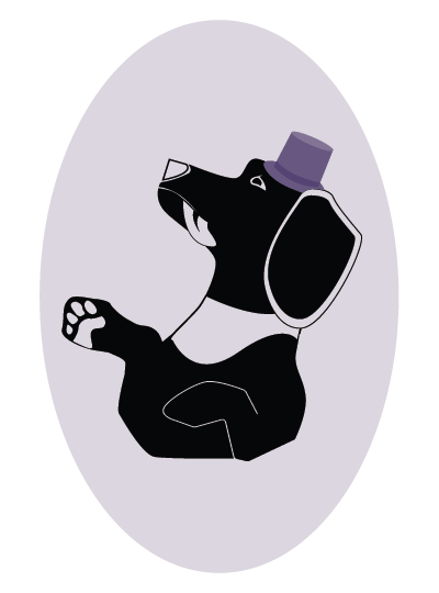 Profile graphic of a dachshund wearing a purple top hat 